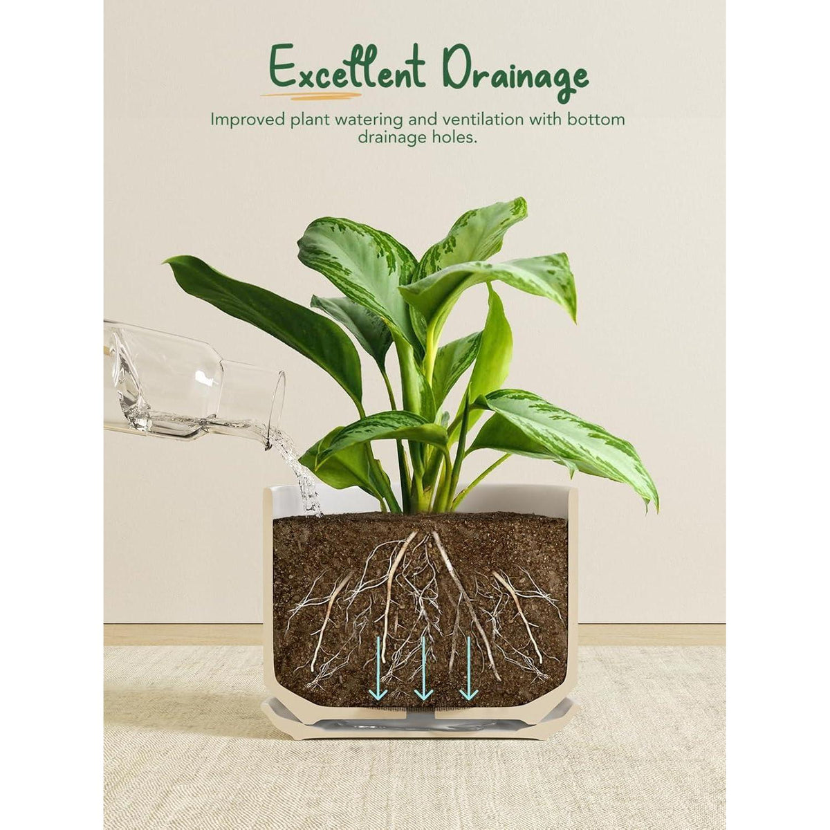 Keramik Blumentopf 25cm mit Untersetzer & Drainageloch, Weiß