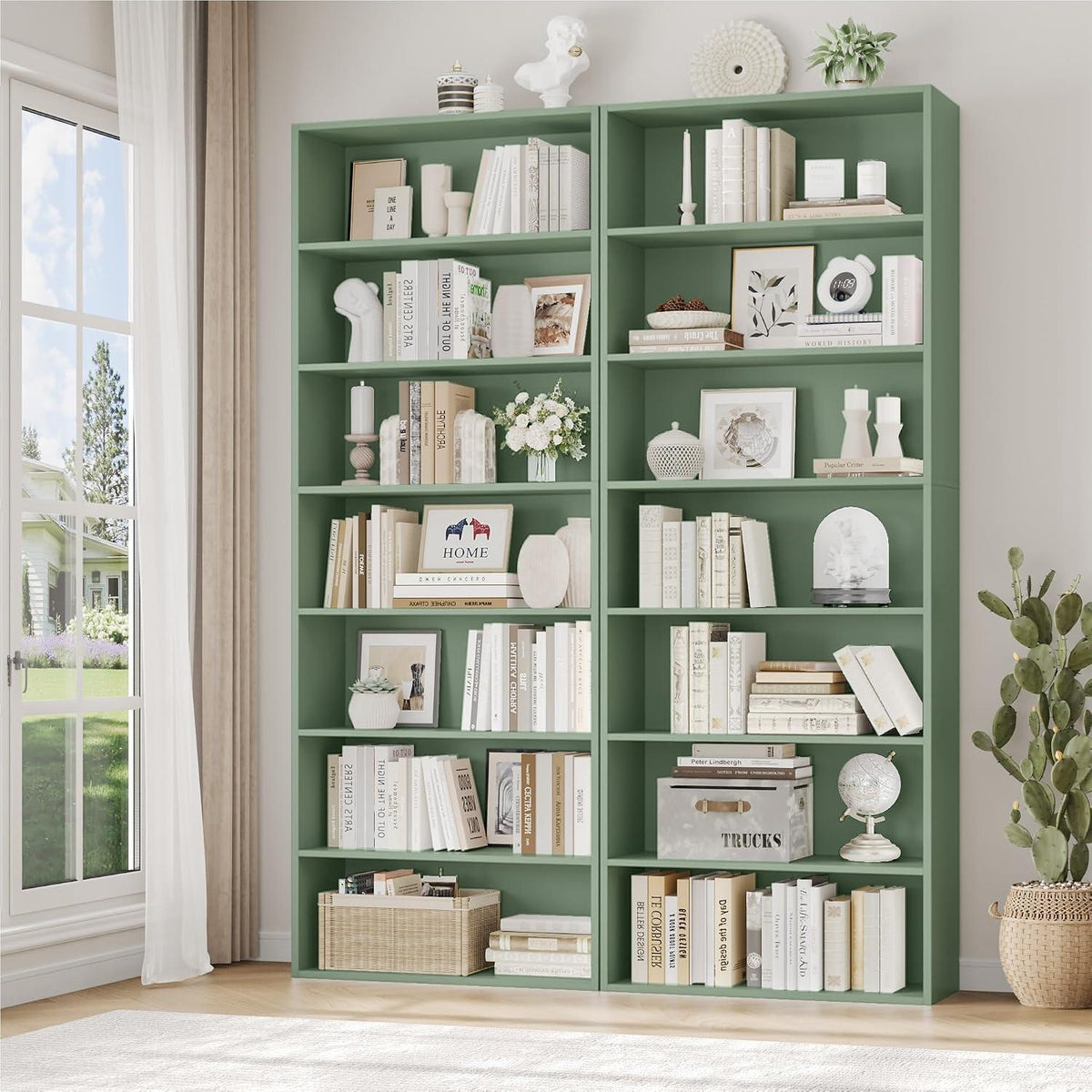 7-reihiges Bücherregal grün – Standregal für Wohnzimmer & Büro