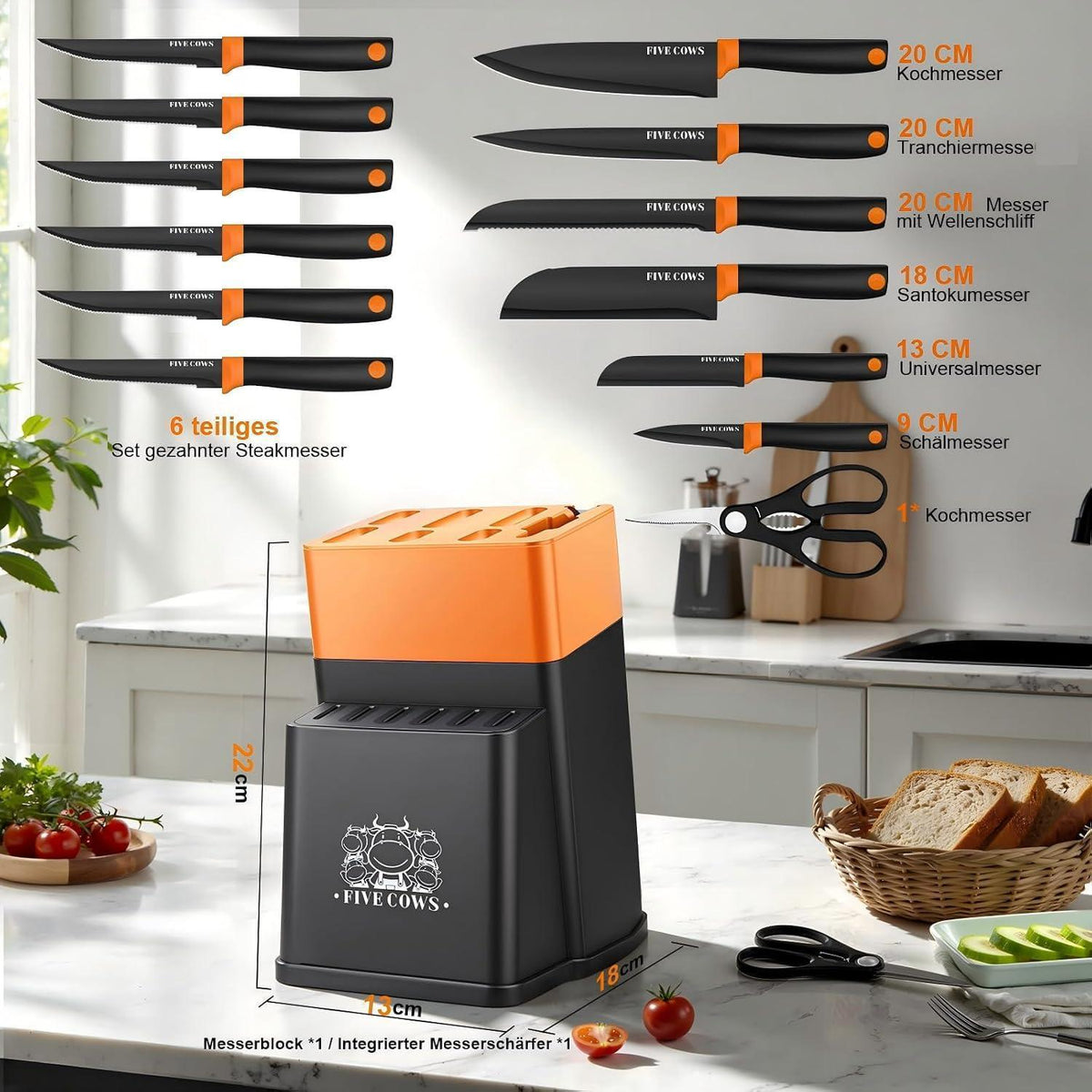 14-teiliges Küchenmesser-Set mit Messerblock & Schärfer (Orange)