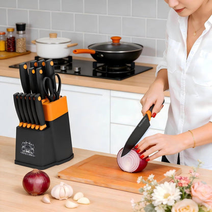14-teiliges Küchenmesser-Set mit Messerblock & Schärfer (Orange)