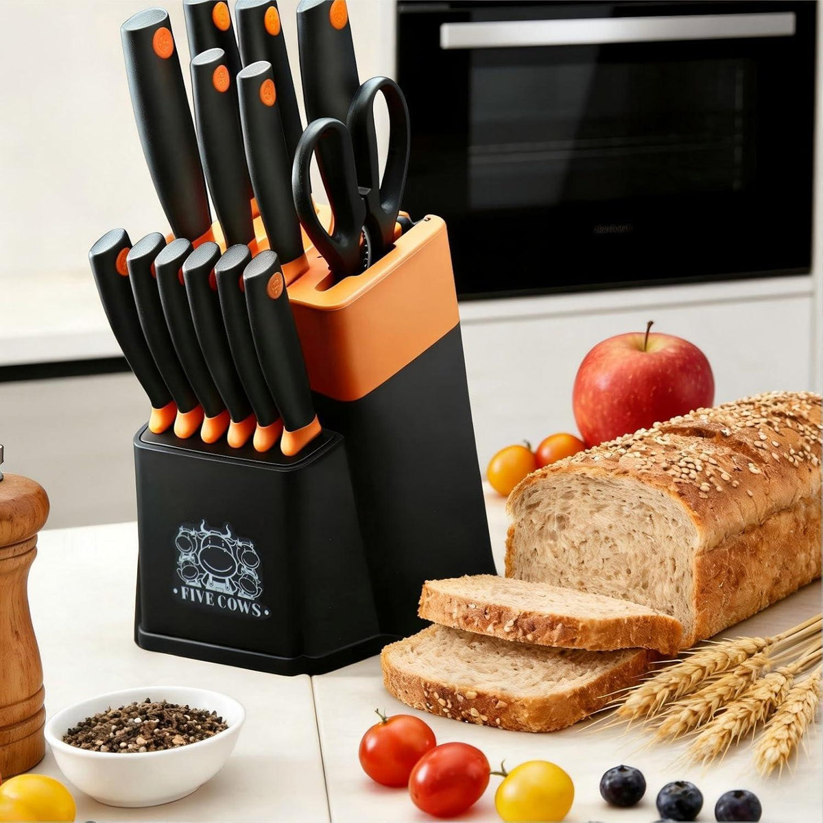 14-teiliges Küchenmesser-Set mit Messerblock & Schärfer (Orange)