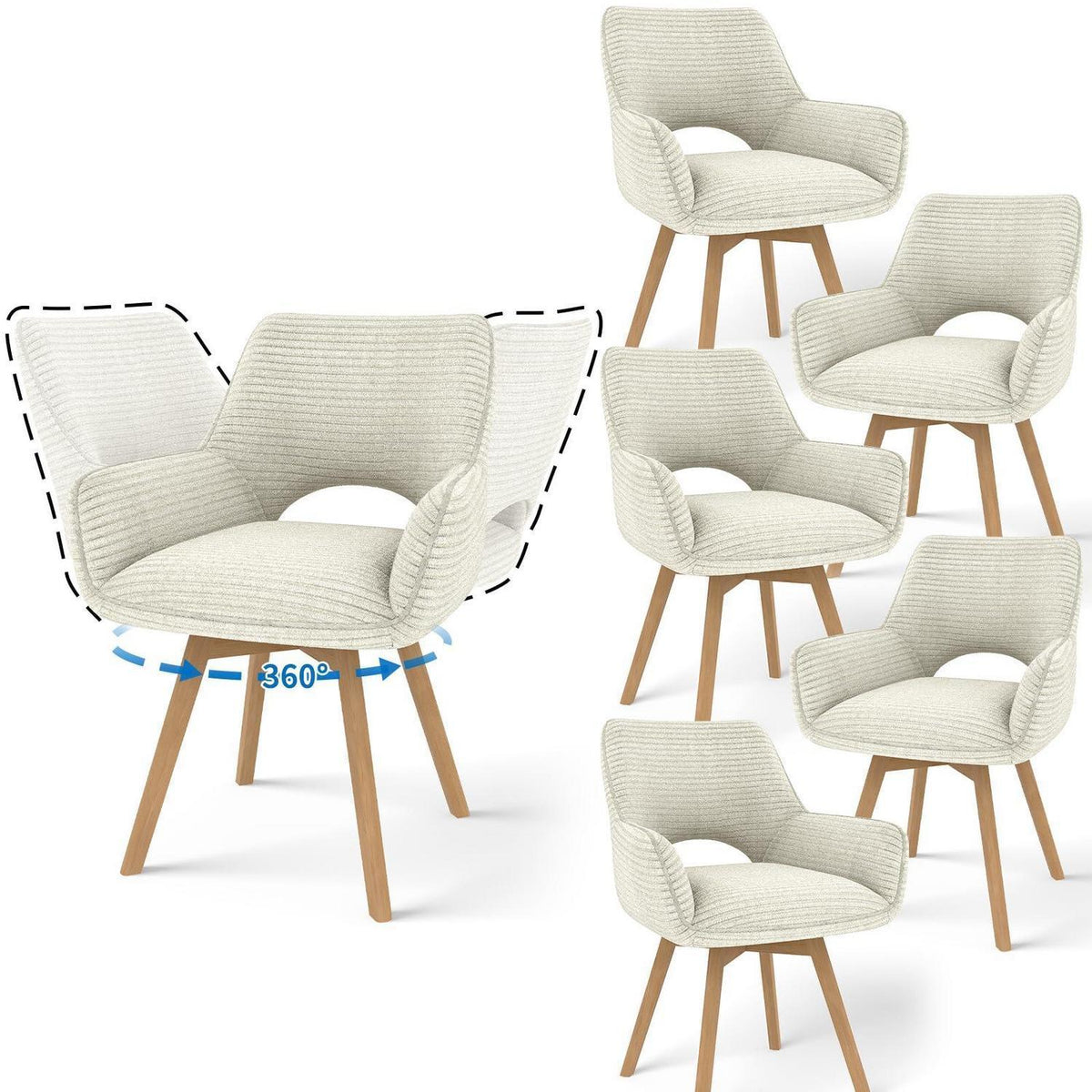 Drehbarer Esszimmerstuhl Set (6x) – Beige mit Holzbeinen