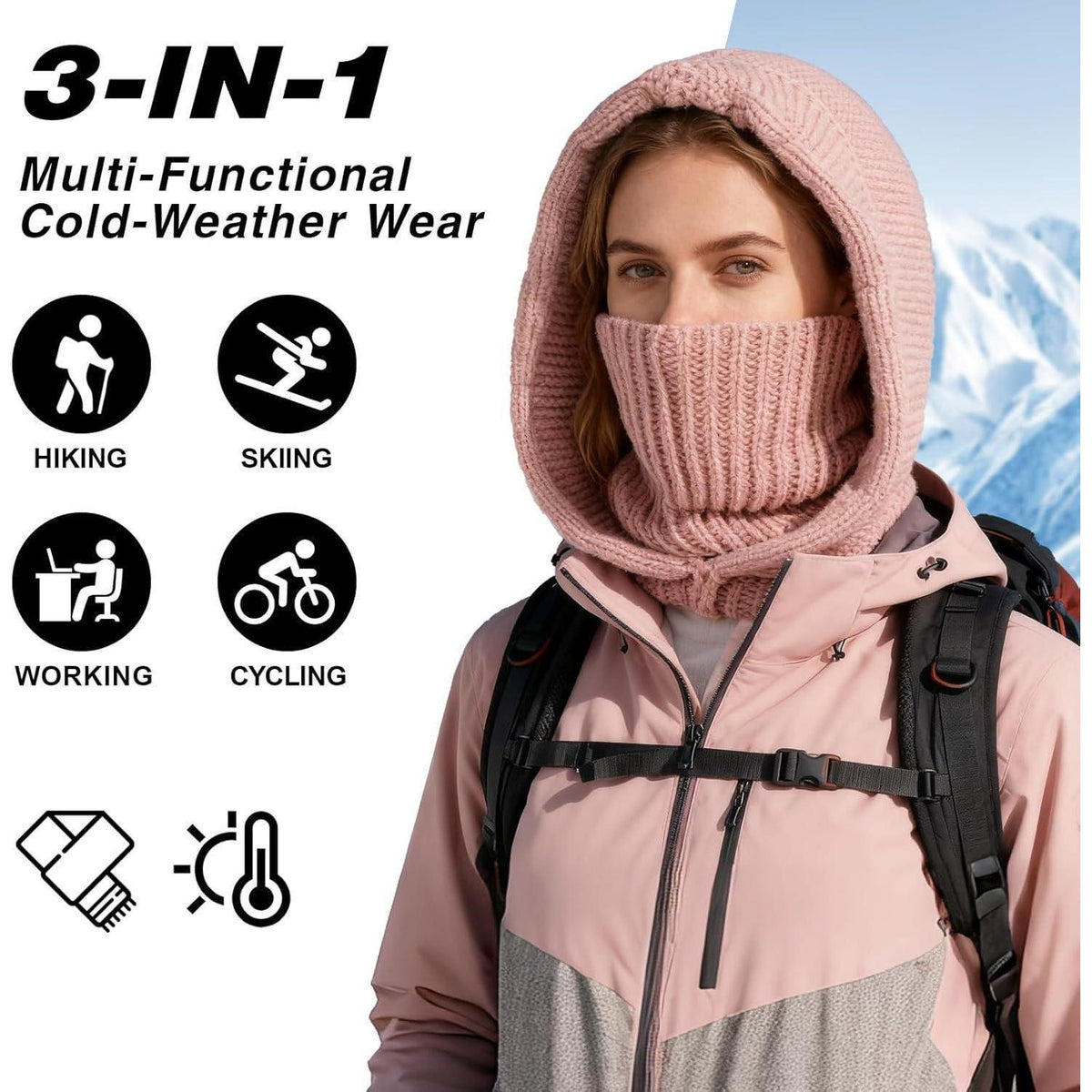 Thermo Strickmütze Damen mit Langer Schal – Rosa Winterhaube