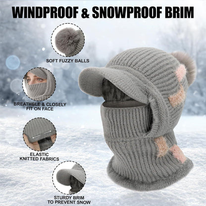 Strickmütze Damen 3in1 Thermo Schal & Sturmhaube Schwarz