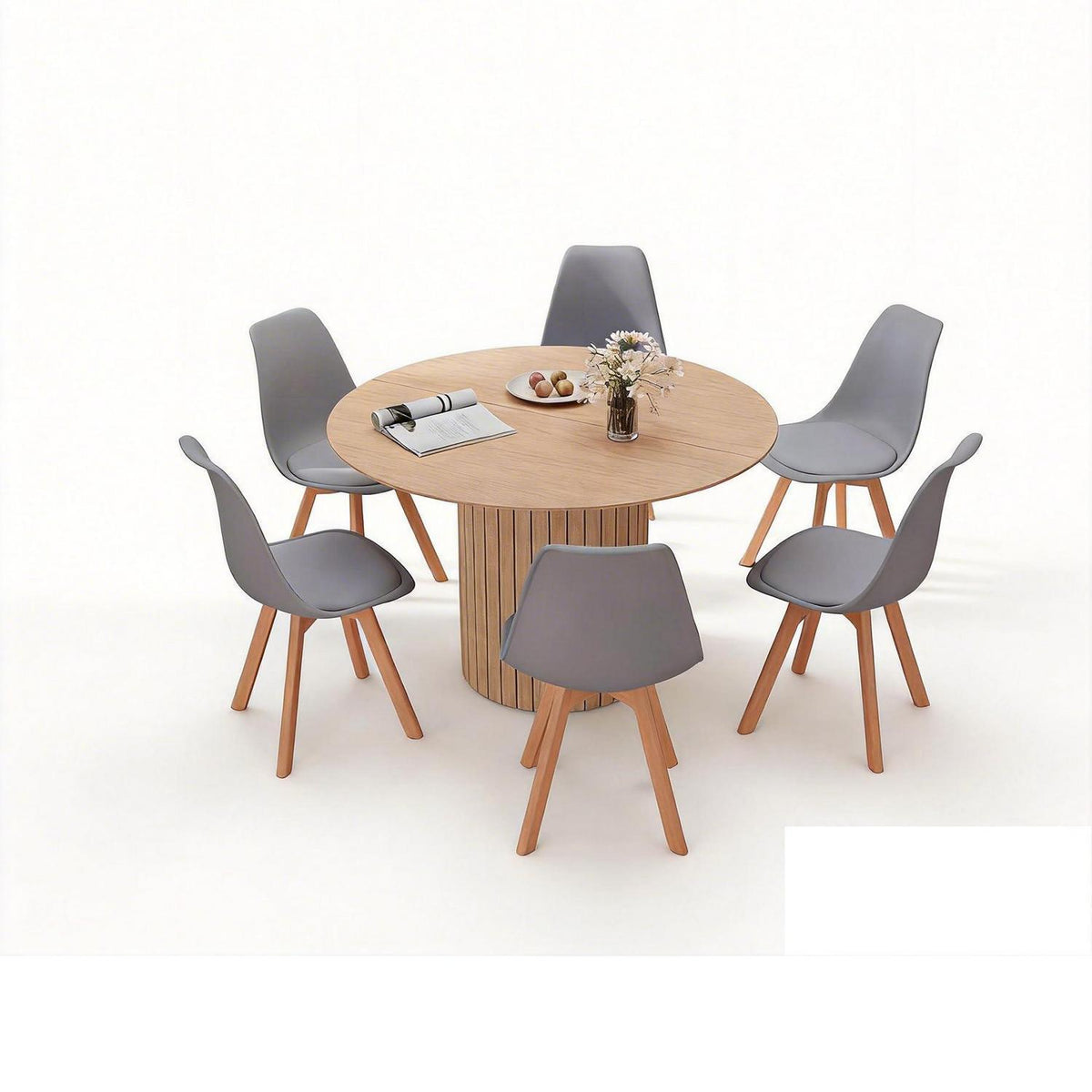 Runder Esstisch 120cm + 6 Stühle – Hellbraun & Grau