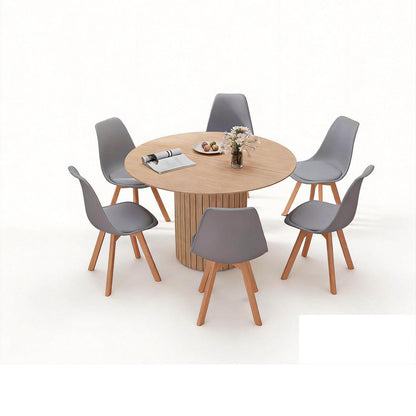 Runder Esstisch 120cm + 6 Stühle – Hellbraun & Grau