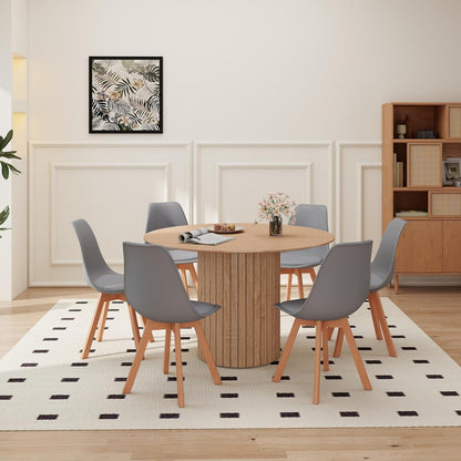 Runder Esstisch 120cm + 6 Stühle – Hellbraun & Grau