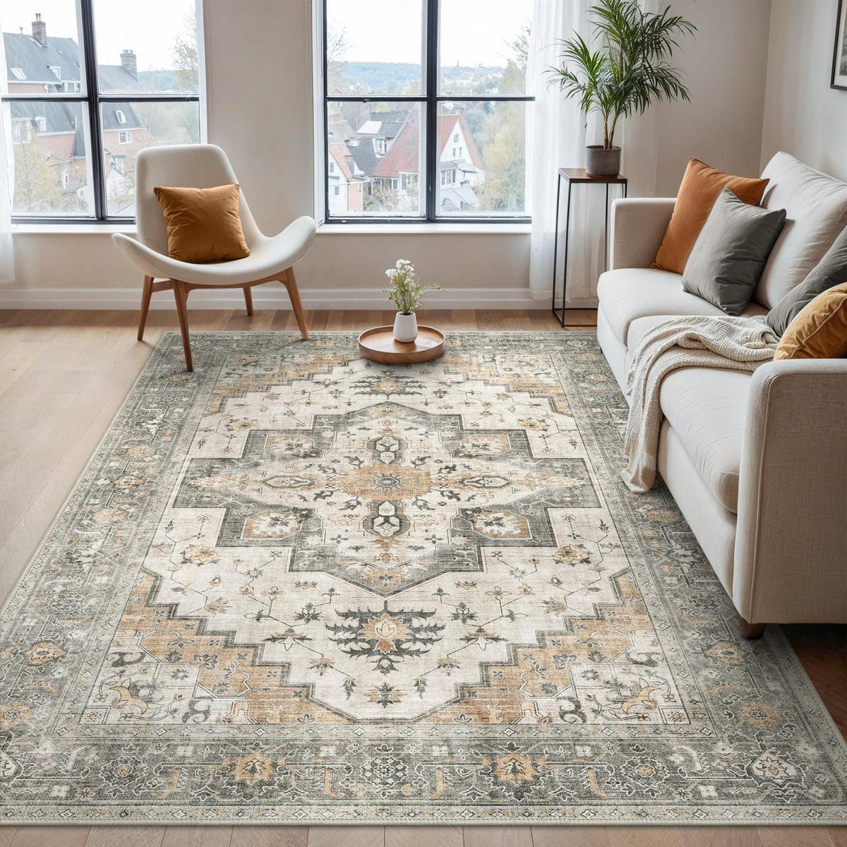 Vintage Teppich Wohnzimmer 240x300cm Taupe – Waschbar & Rutschfest