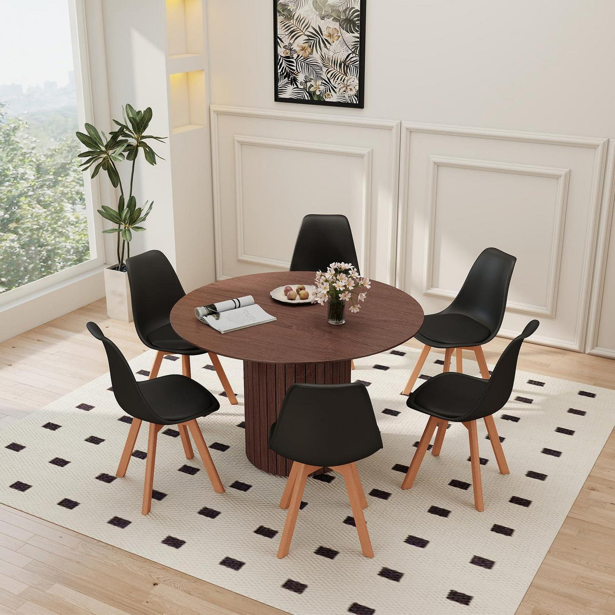 Runder Esstisch 120cm + 6 Stühle Dunkelbraun/Schwarz