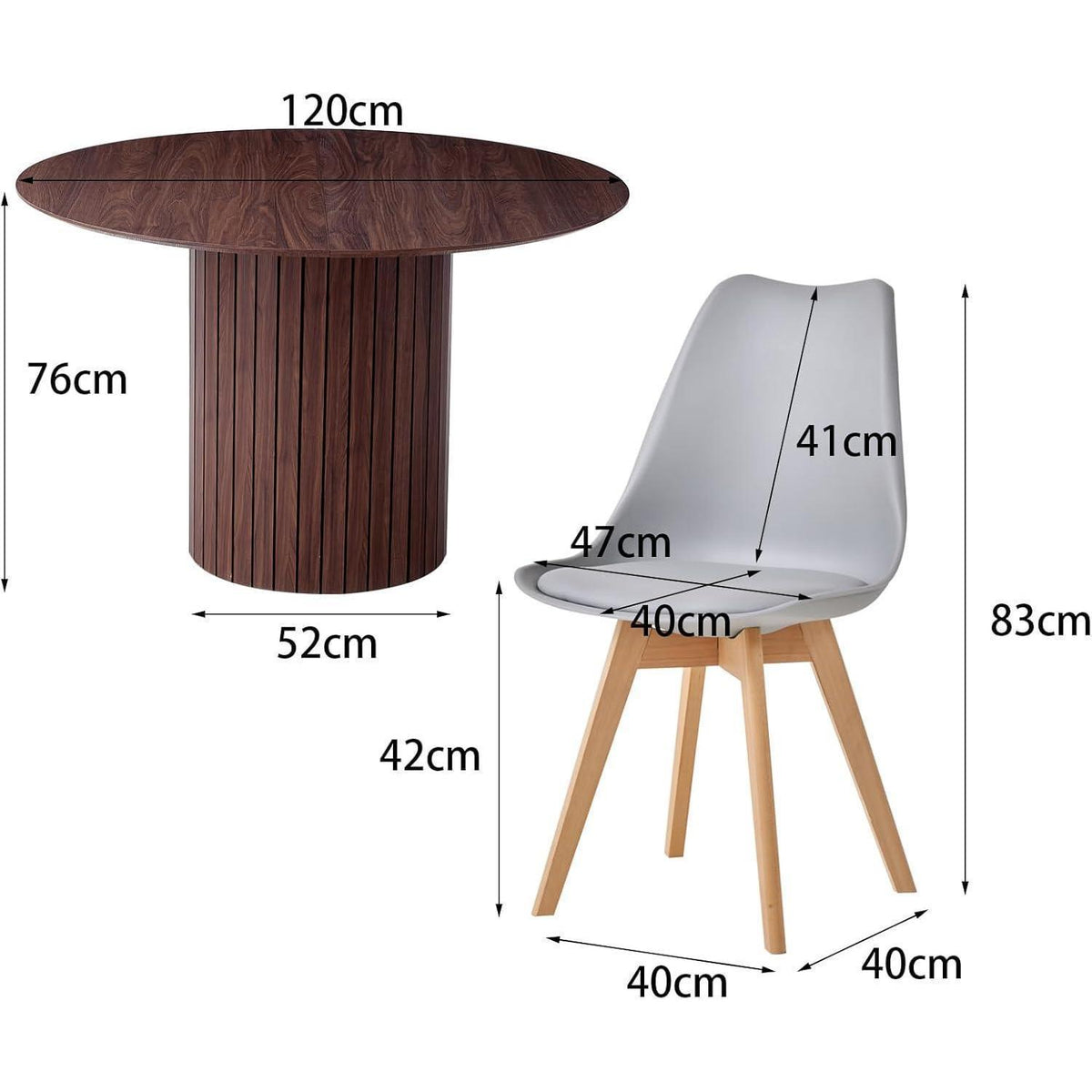Runder Esstisch 120cm + 6 Stühle Dunkelbraun/Grau