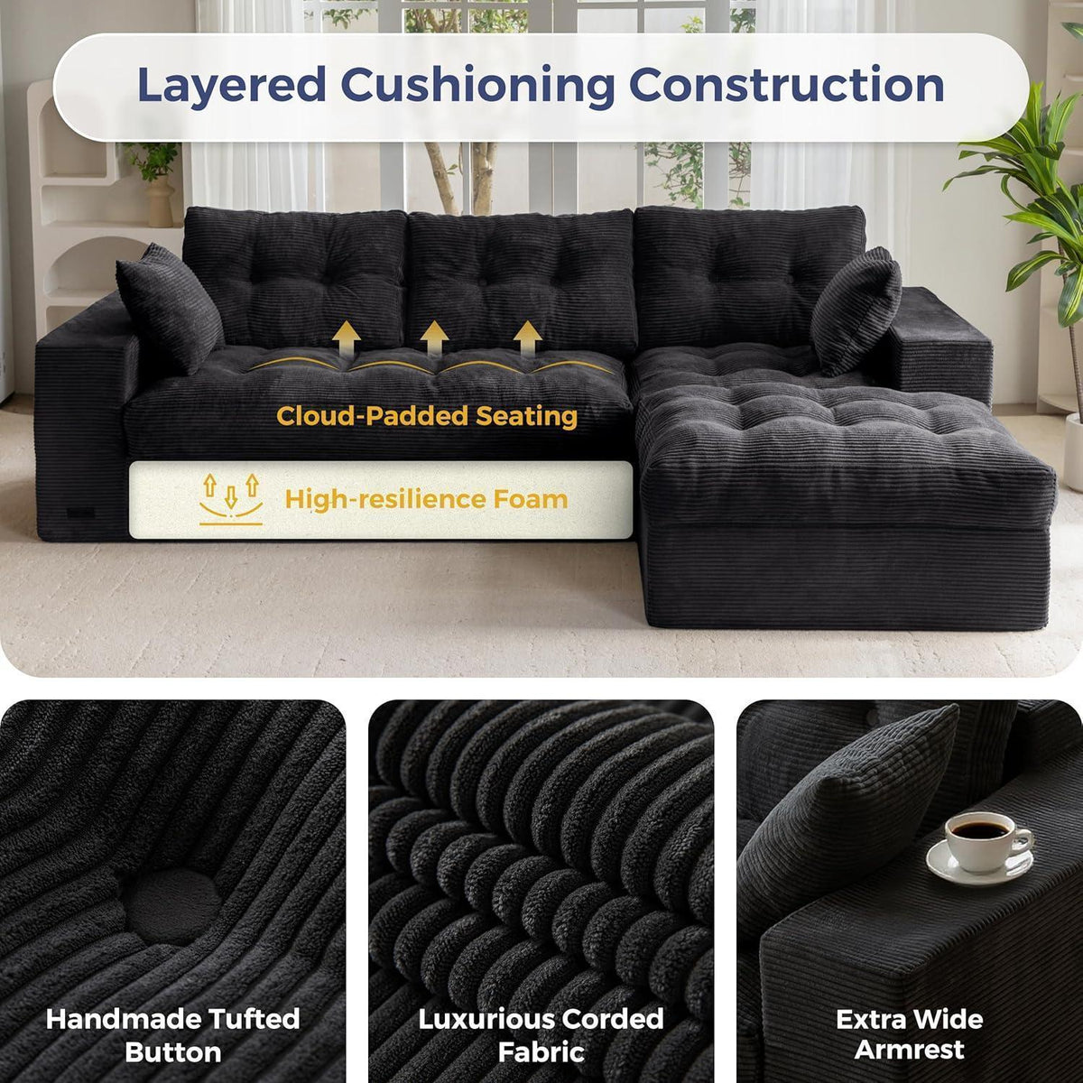 MAXYOYO Ecksofa mit Schlaffunktion & Ottomane, Schwarz