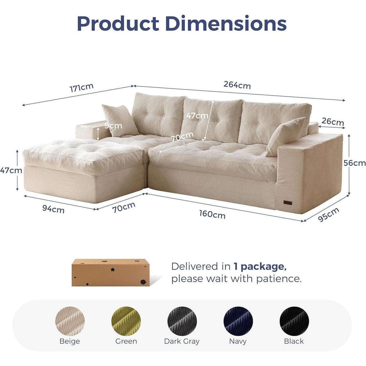 L-förmiges Cord Sofa mit Schlaffunktion – Cremeweiß, Keine Montage