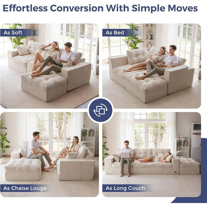 L-förmiges Cord Sofa mit Schlaffunktion – Cremeweiß, Keine Montage