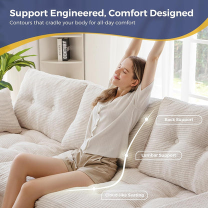 L-förmiges Cord Sofa mit Schlaffunktion – Cremeweiß, Keine Montage