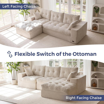 L-förmiges Cord Sofa mit Schlaffunktion – Cremeweiß, Keine Montage