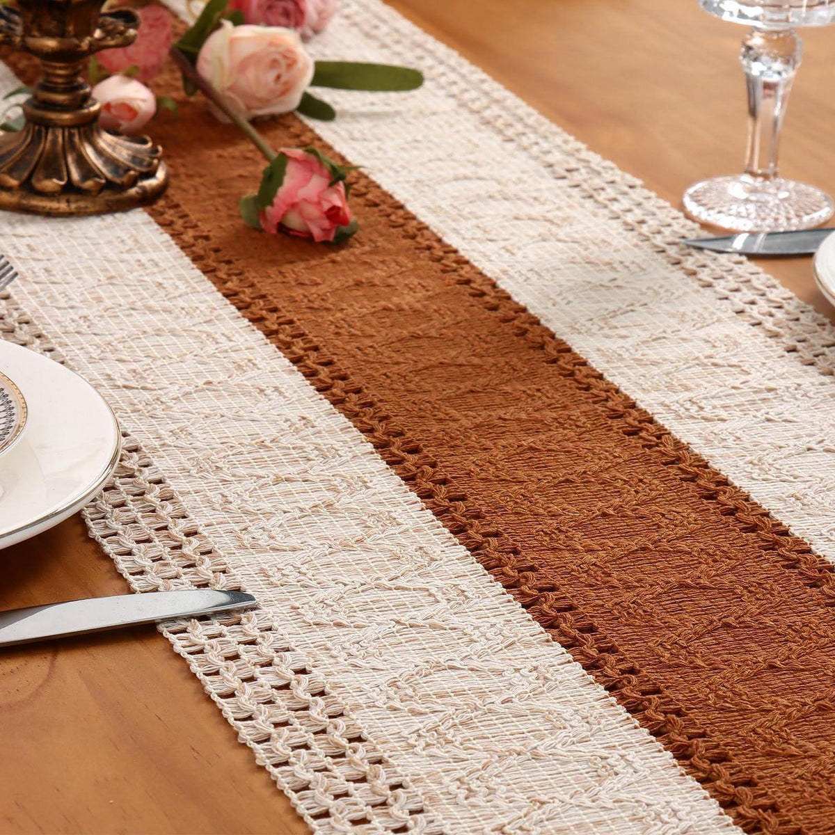 Boho Makramee Tischläufer Braun 30x180 cm – Küchentisch Deko