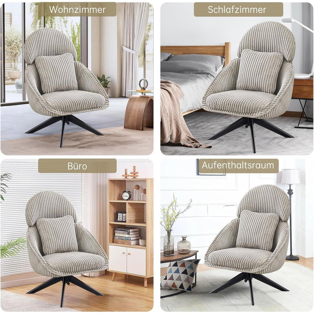 Loungesessel 360° Drehbar mit Abnehmbarem Kissen – Grau/Hellgrau