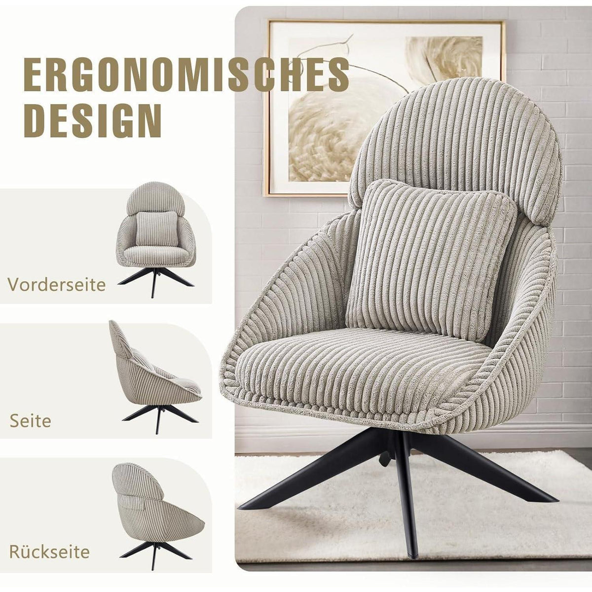 Loungesessel 360° Drehbar mit Abnehmbarem Kissen – Grau/Hellgrau