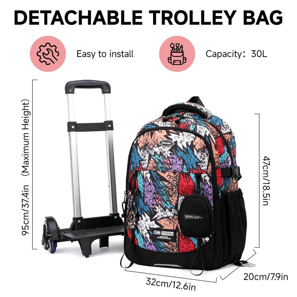 Schulrucksack mit Rollen für Jungen – Abnehmbarer Trolley & 6 Räder
