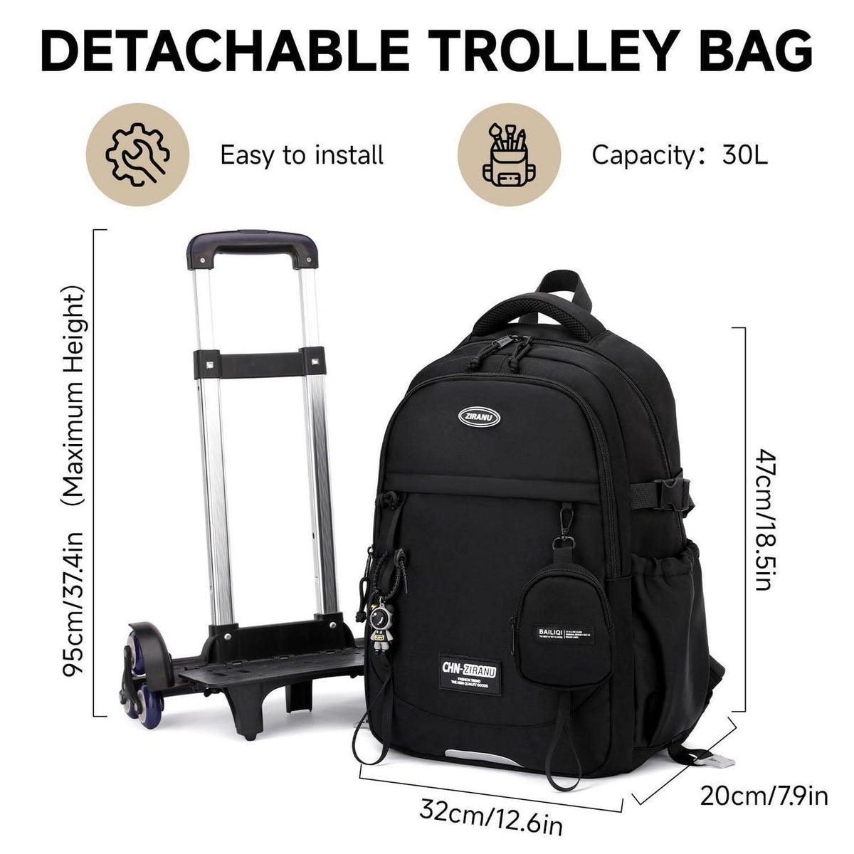 Schulrucksack mit Rollen für Jungen – Abnehmbarer Trolley & 6 Räder
