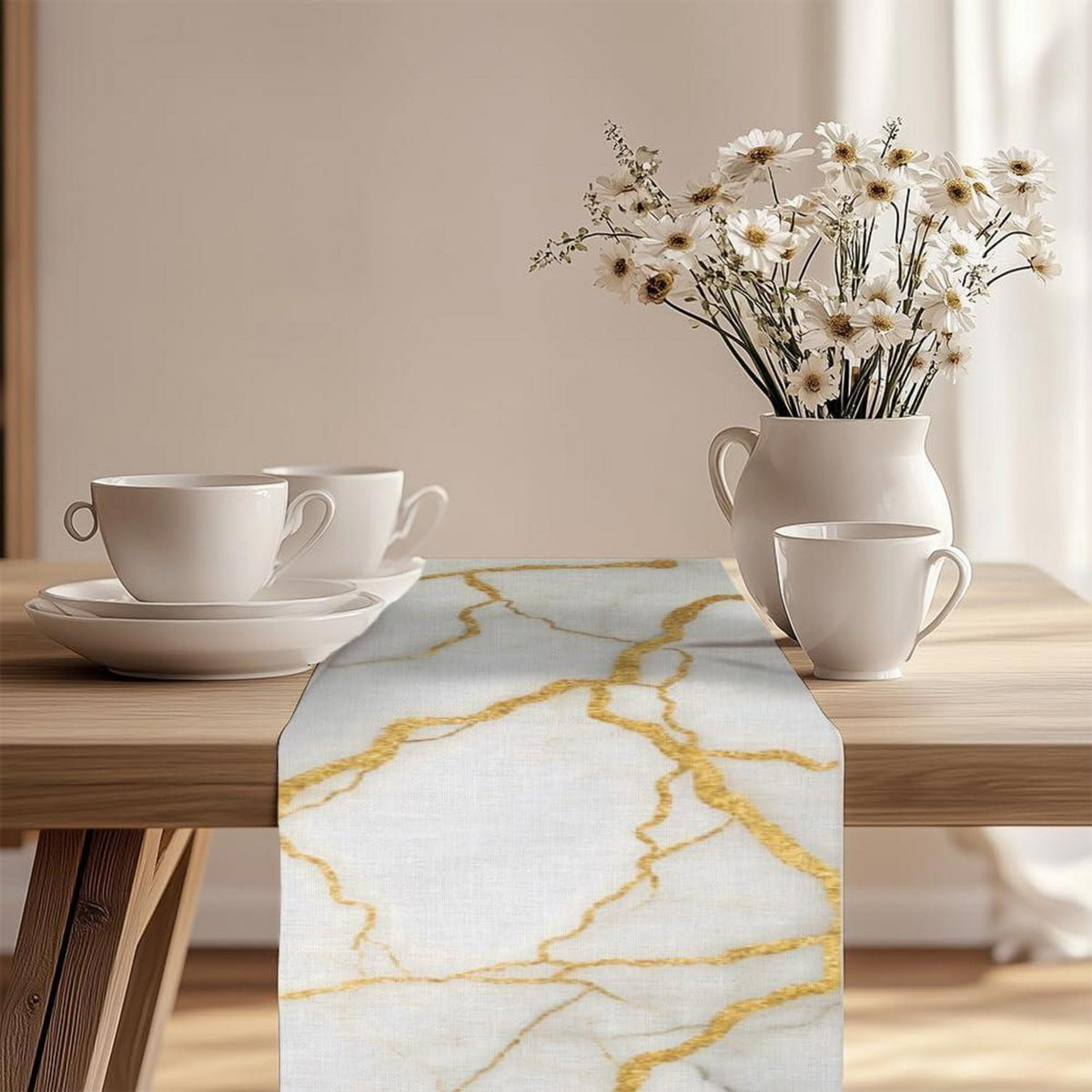Tischläufer Marmoroptik mit Goldmuster 183x33cm