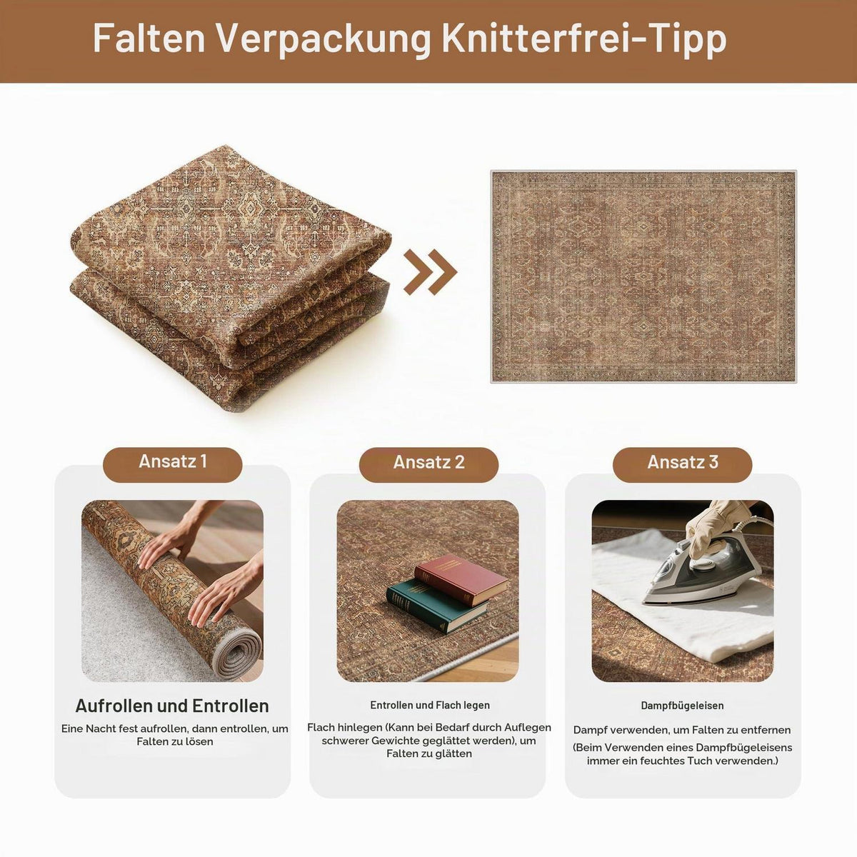 Großer Wohnzimmerteppich 200x290 cm – Rotbraun, Waschbar