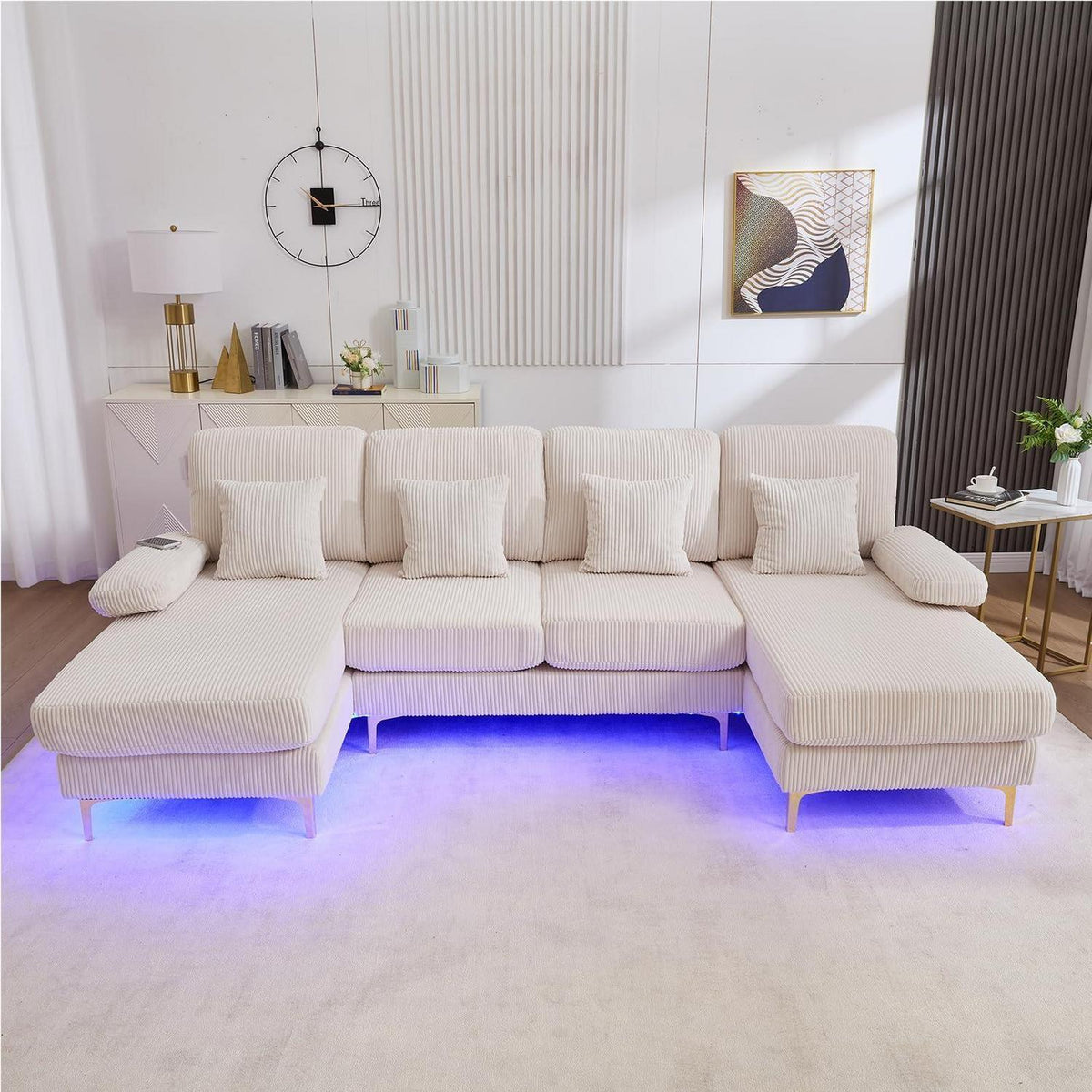4-Sitzer Samt U-Sofa mit Massivholzrahmen & Relaxpositionen (Beige)