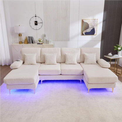 4-Sitzer Samt U-Sofa mit Massivholzrahmen & Relaxpositionen (Beige)