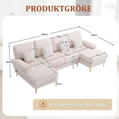 4-Sitzer Samt U-Sofa mit Massivholzrahmen & Relaxpositionen (Beige)