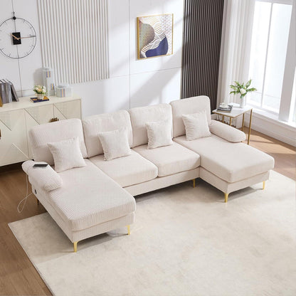 4-Sitzer Samt U-Sofa mit Massivholzrahmen & Relaxpositionen (Beige)