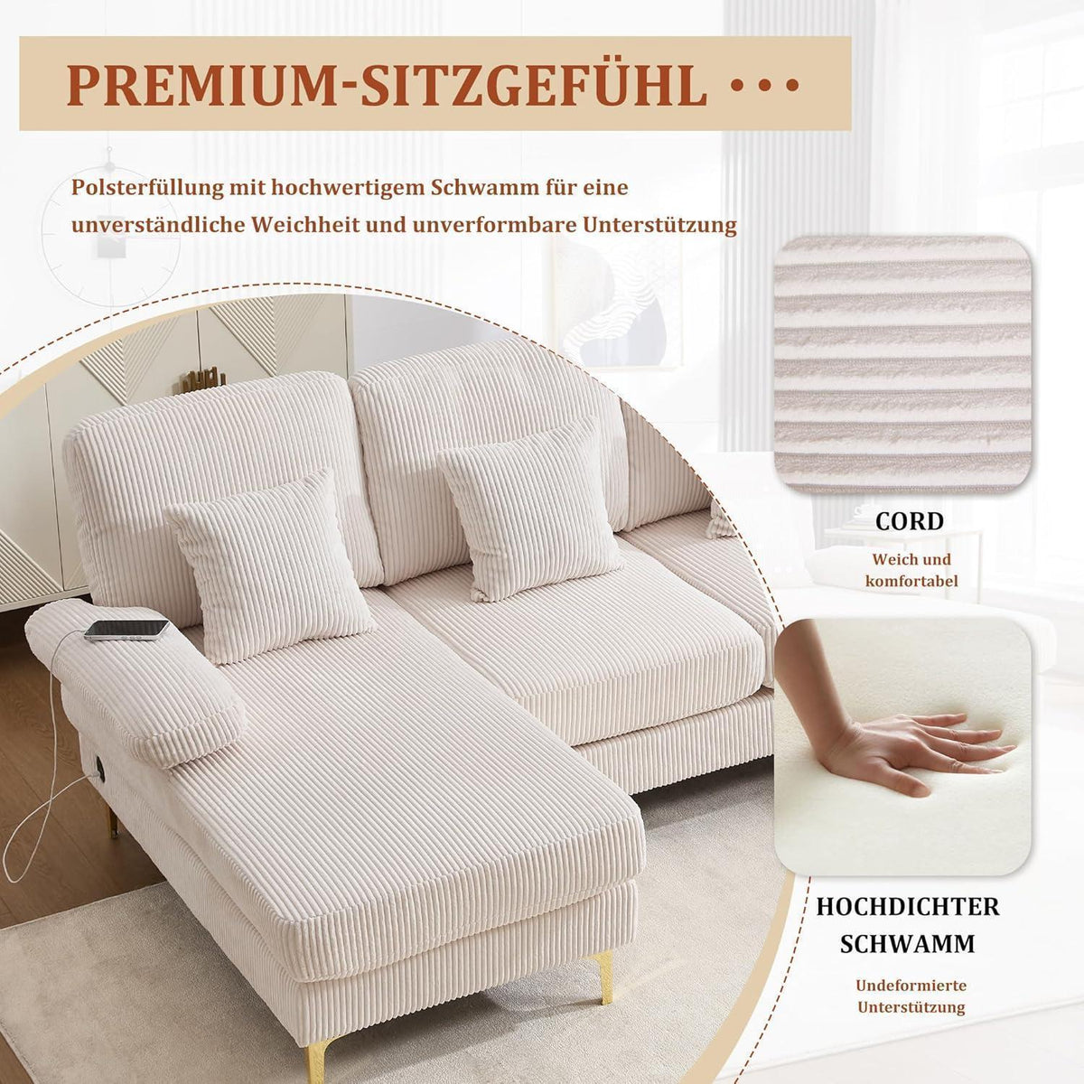 4-Sitzer Samt U-Sofa mit Massivholzrahmen & Relaxpositionen (Beige)