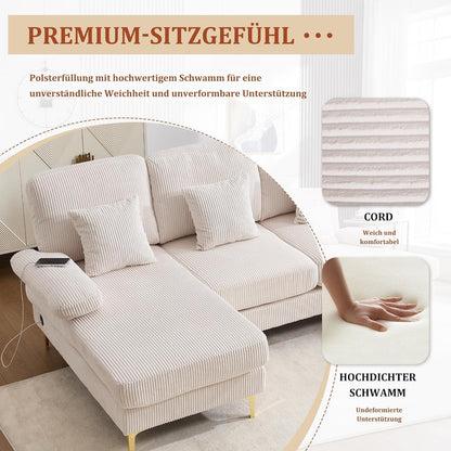 4-Sitzer Samt U-Sofa mit Massivholzrahmen & Relaxpositionen (Beige)