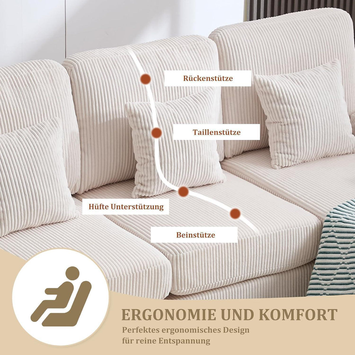 4-Sitzer Samt U-Sofa mit Massivholzrahmen & Relaxpositionen (Beige)