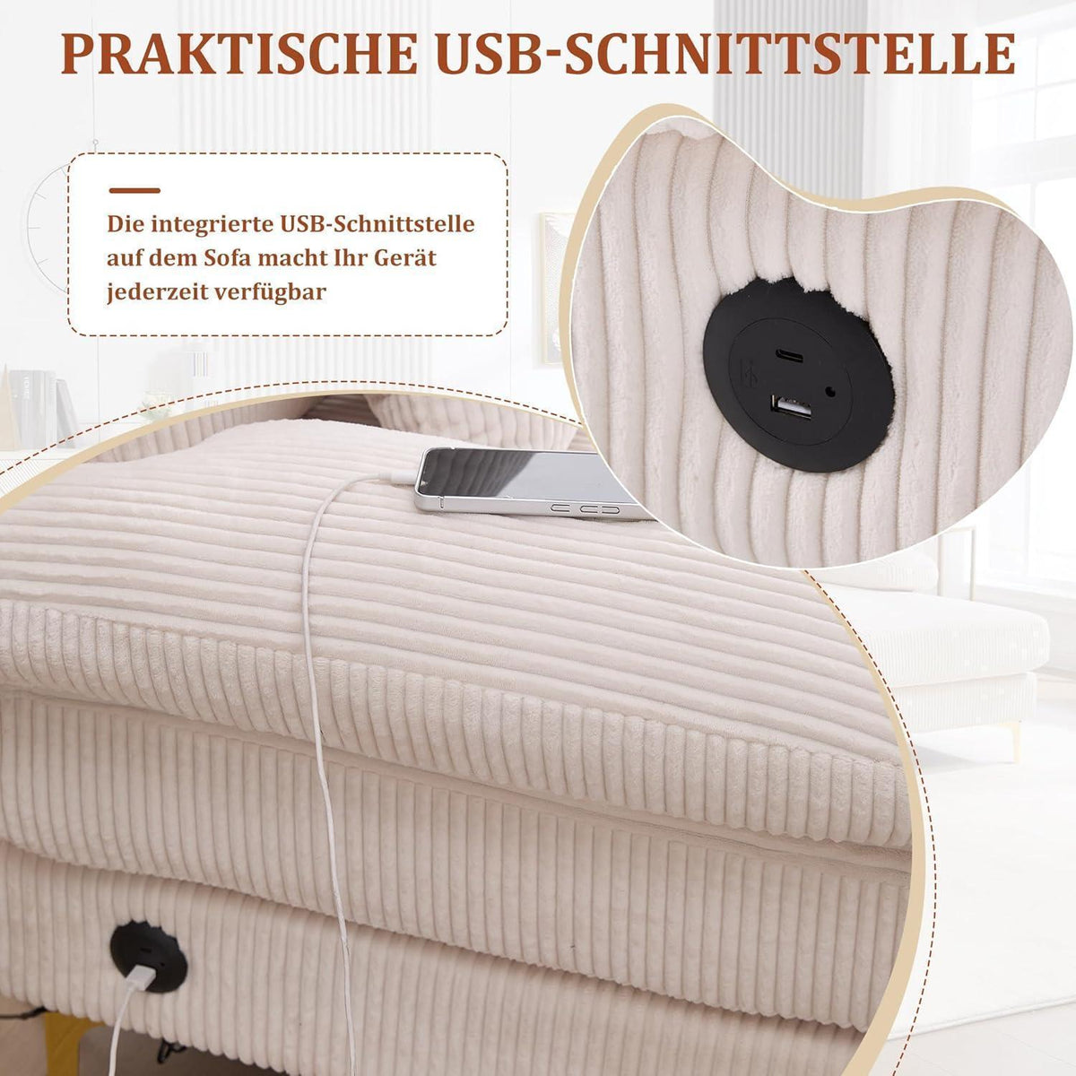4-Sitzer Samt U-Sofa mit Massivholzrahmen & Relaxpositionen (Beige)
