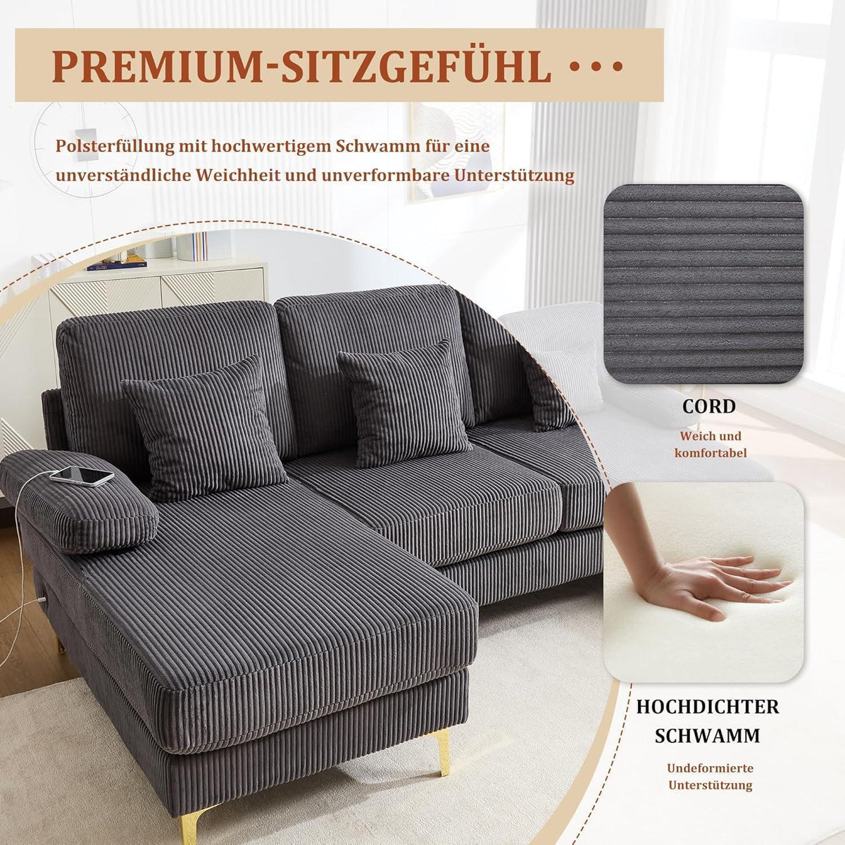 4-Sitzer Samt U-Sofa mit Massivholzrahmen (Grau)