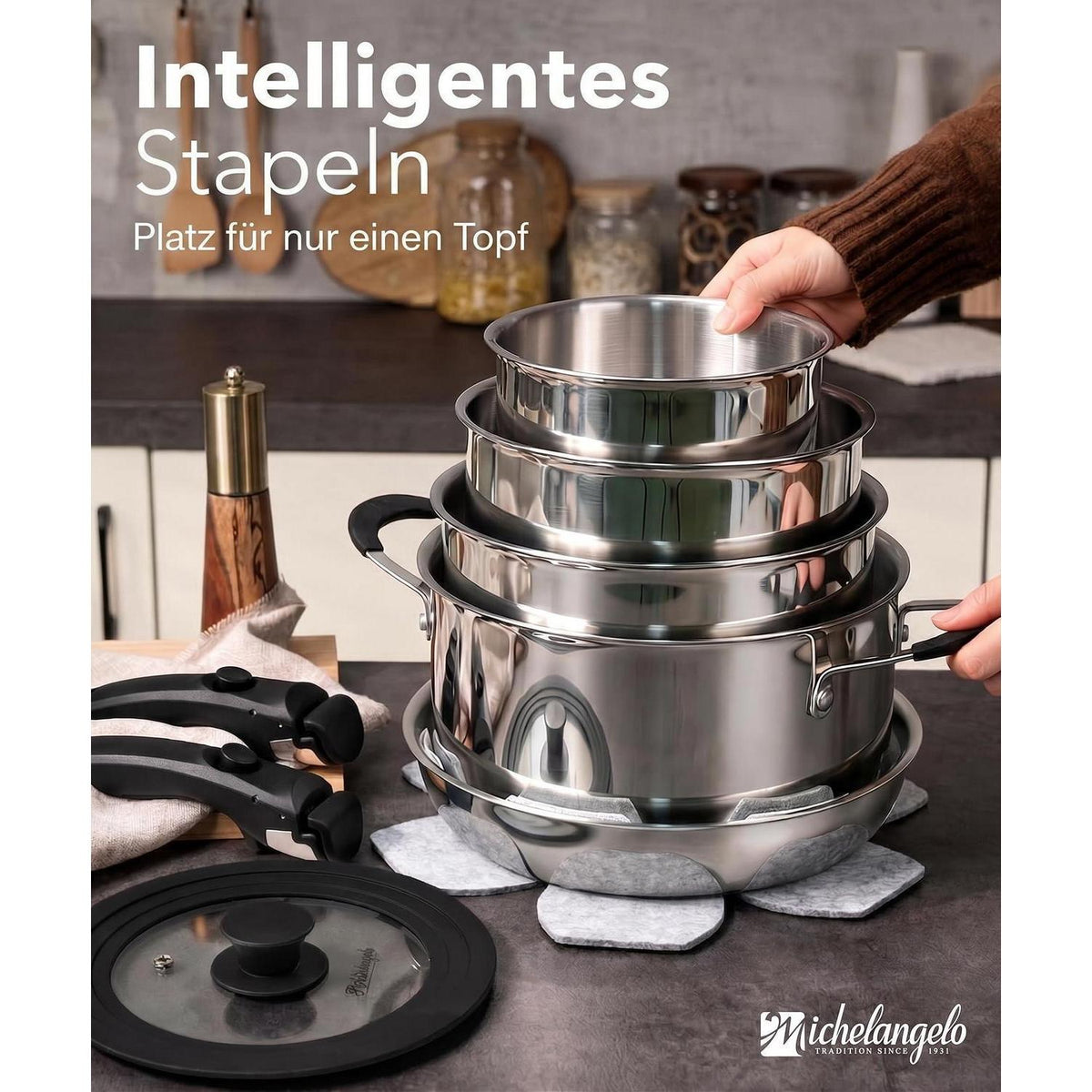 14-teiliges Edelstahl Topfset mit abnehmbaren Griffen