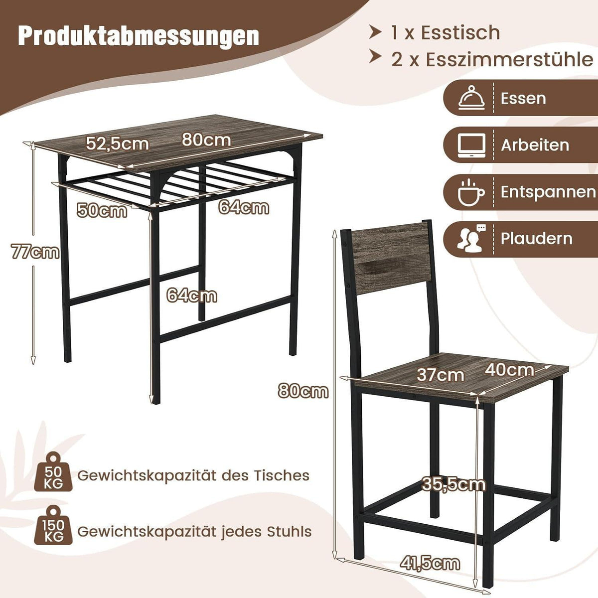 Essgruppe Industrial 3-teilig – Esstisch mit 2 Stühlen Grau