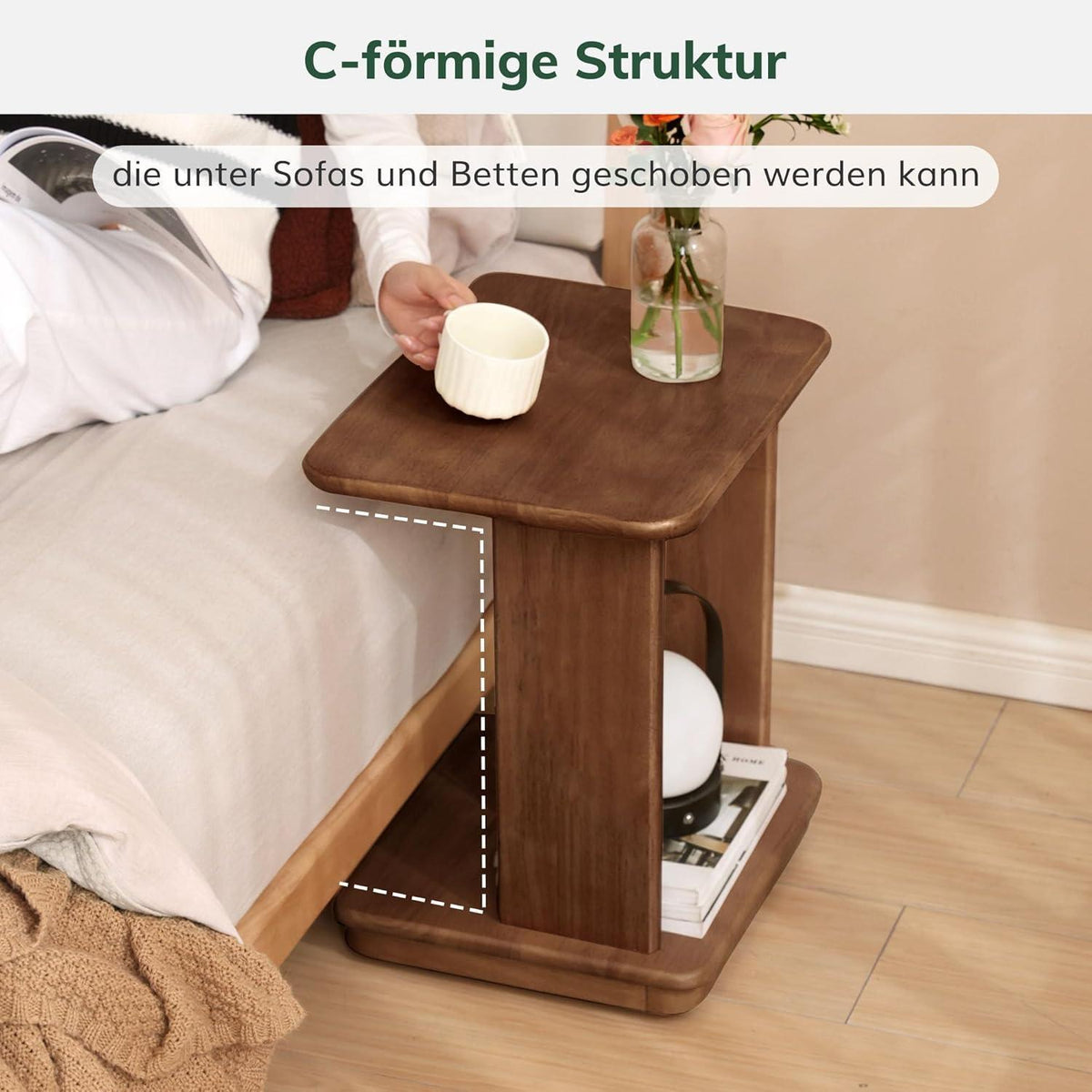 Massivholz Beistelltisch mit Rollen – Nussbaumfarbe