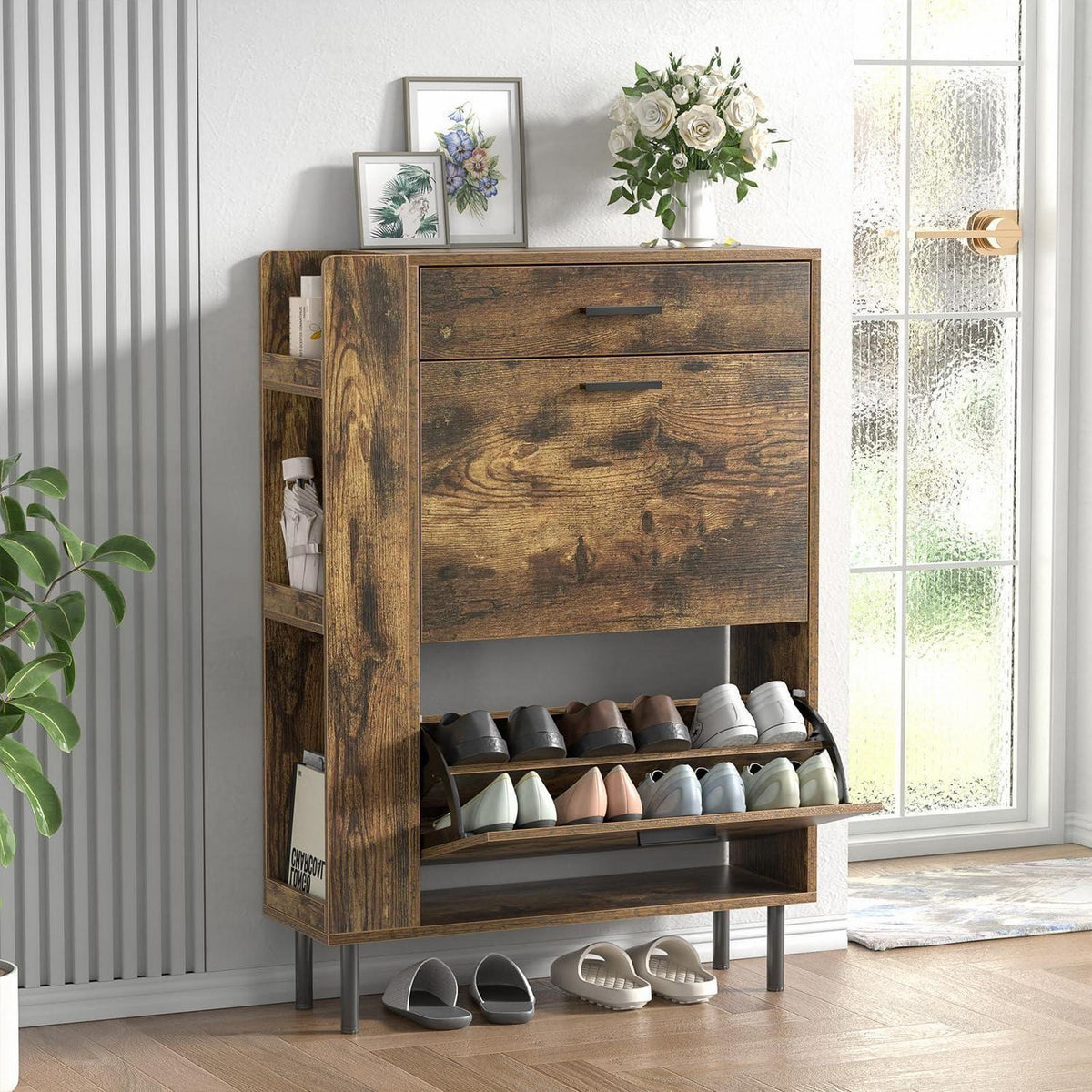 Schuhschrank mit Klapptüren & Schubladen – Holz Schuhkipper Retrobraun