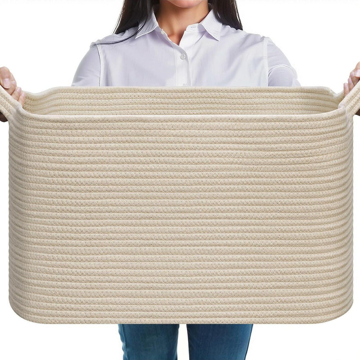 Faltbarer Wäschekorb 63L – Baumwolle, Geflochten, Beige