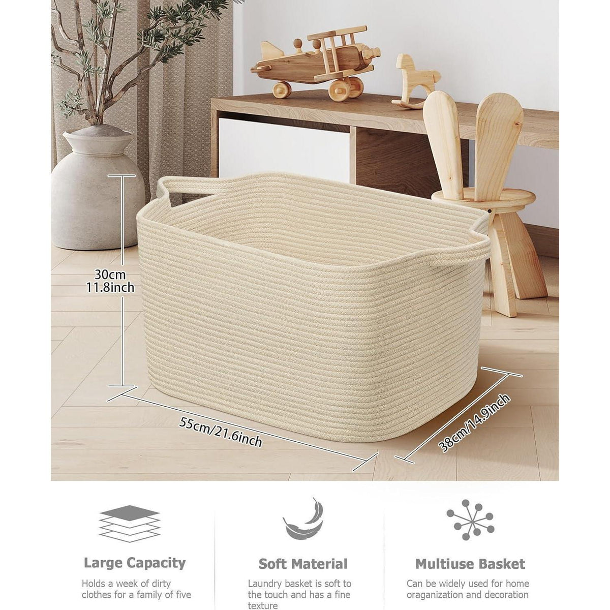 Faltbarer Wäschekorb 63L – Baumwolle, Geflochten, Beige