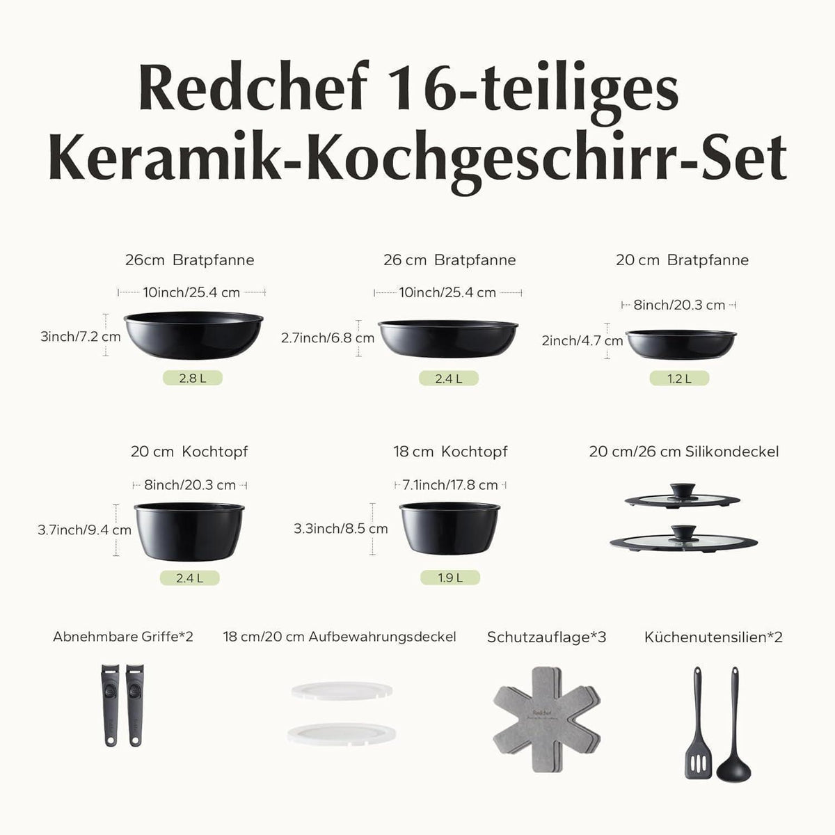 16-teiliges Topfset mit abnehmbaren Griffen – Antihaft-Keramik