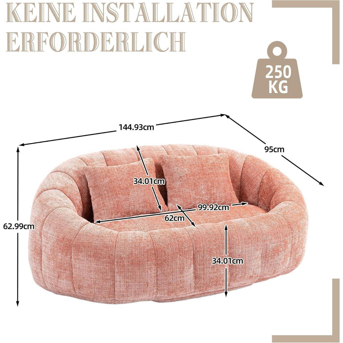 Zweisitzer Boneless Couch mit Memory Schaum – Rosa Chenille