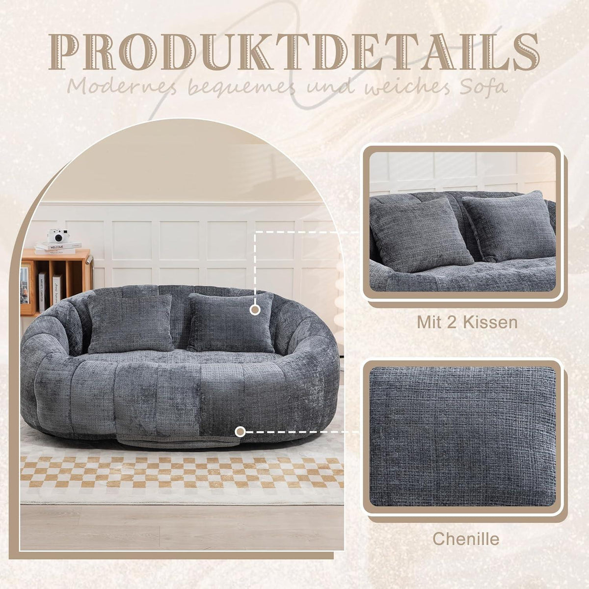 Zweisitzer Boneless Couch mit Memory Schaum – Grau