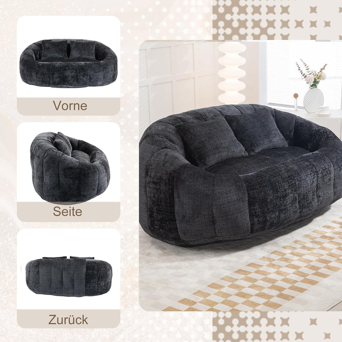 Zweisitzer Boneless Couch mit Memory Schaum – Schwarz