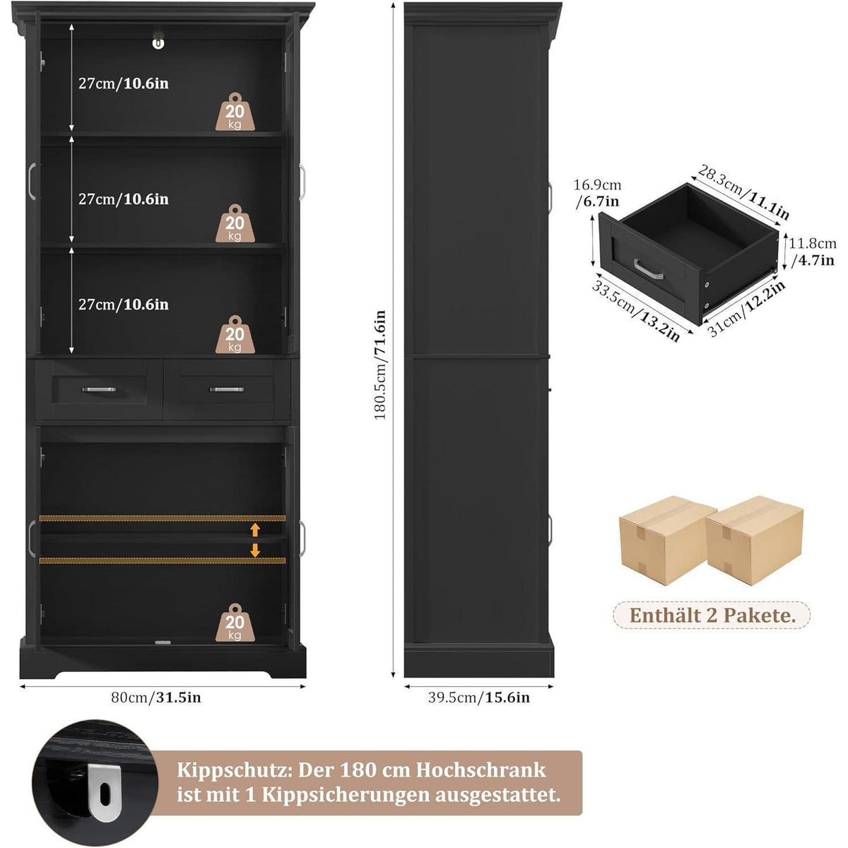 Hochschrank mit 4 Türen & Schublade – Küchenbuffet 180cm Schwarz