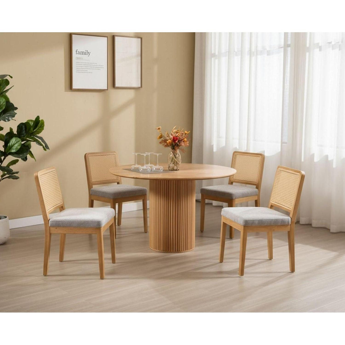 Vintage Esszimmerstühle 4er Set Grau/Beige mit Rattan