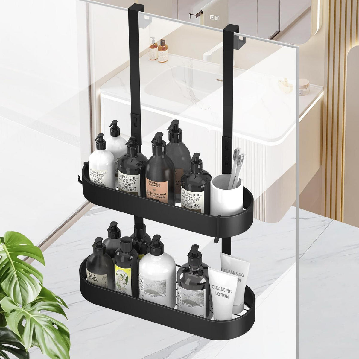 Hängendes Duschregal ohne Bohren – Schwarz mit 4 Haken