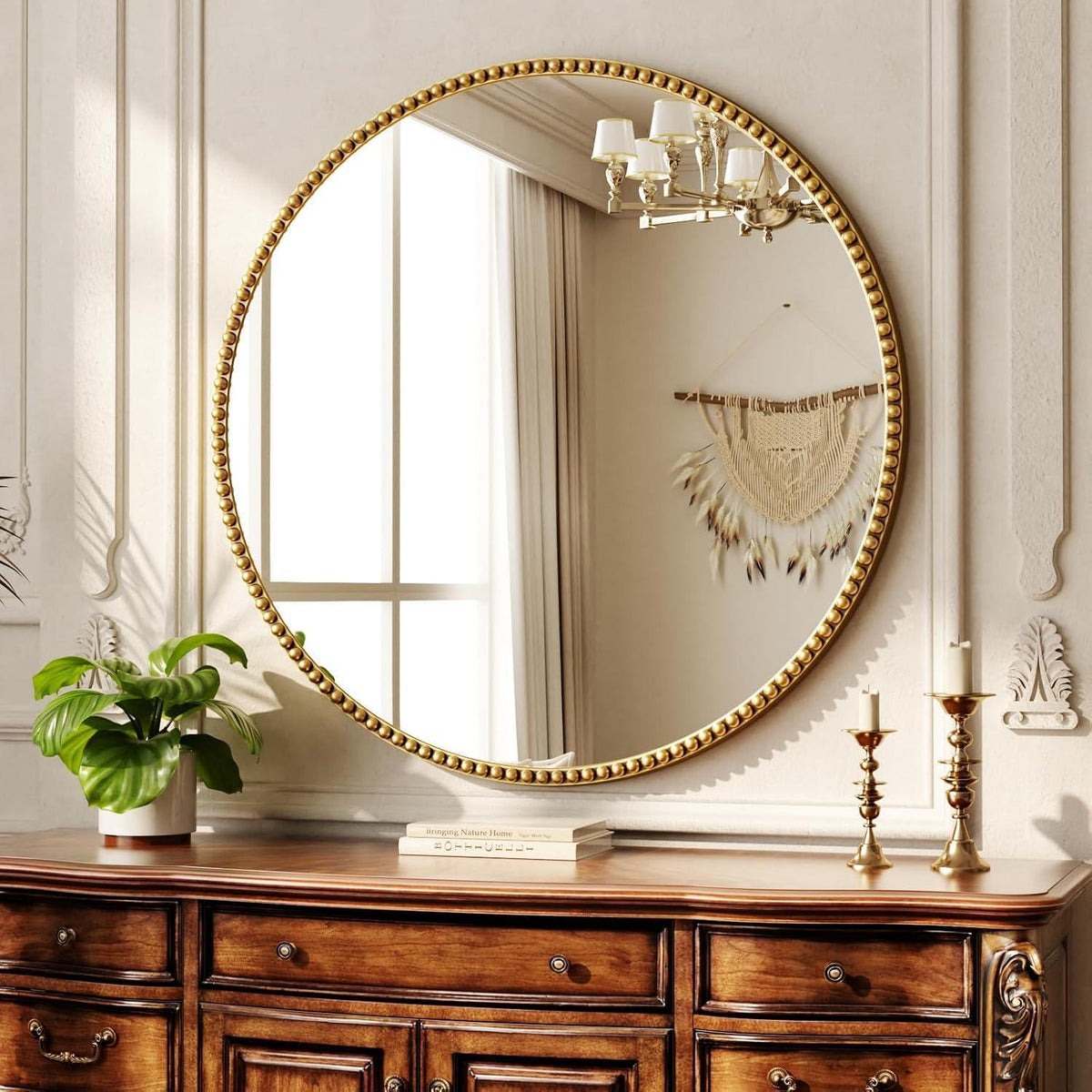 Runder Wandspiegel 80cm mit Gold PU Perlenrahmen – Retro Deko Spiegel