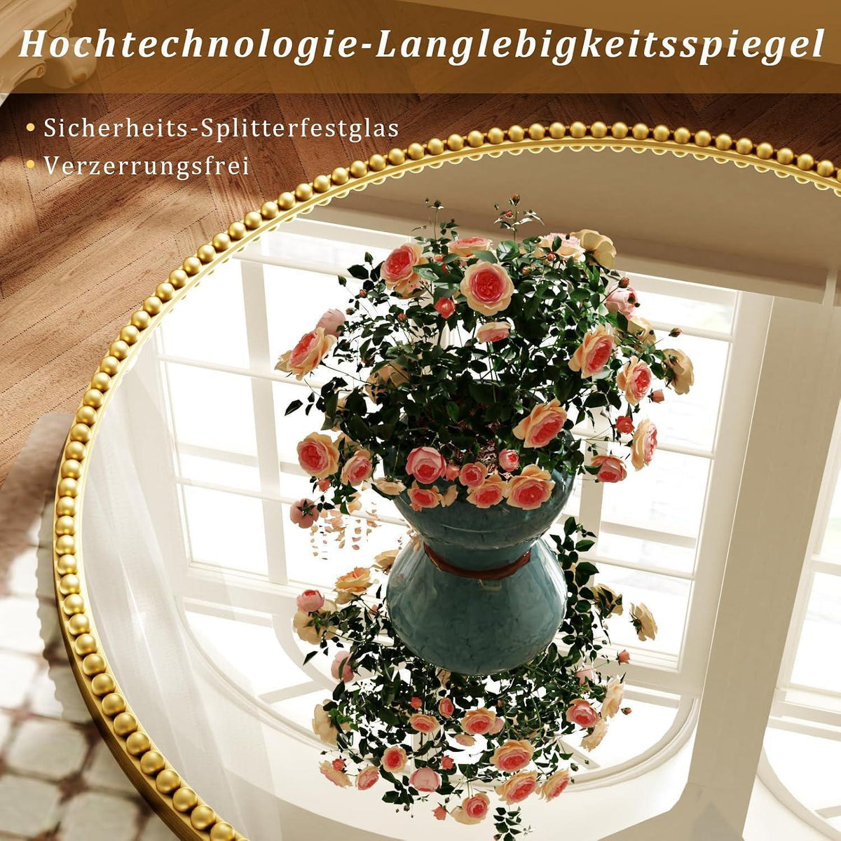 Runder Wandspiegel 80cm mit Gold PU Perlenrahmen – Retro Deko Spiegel
